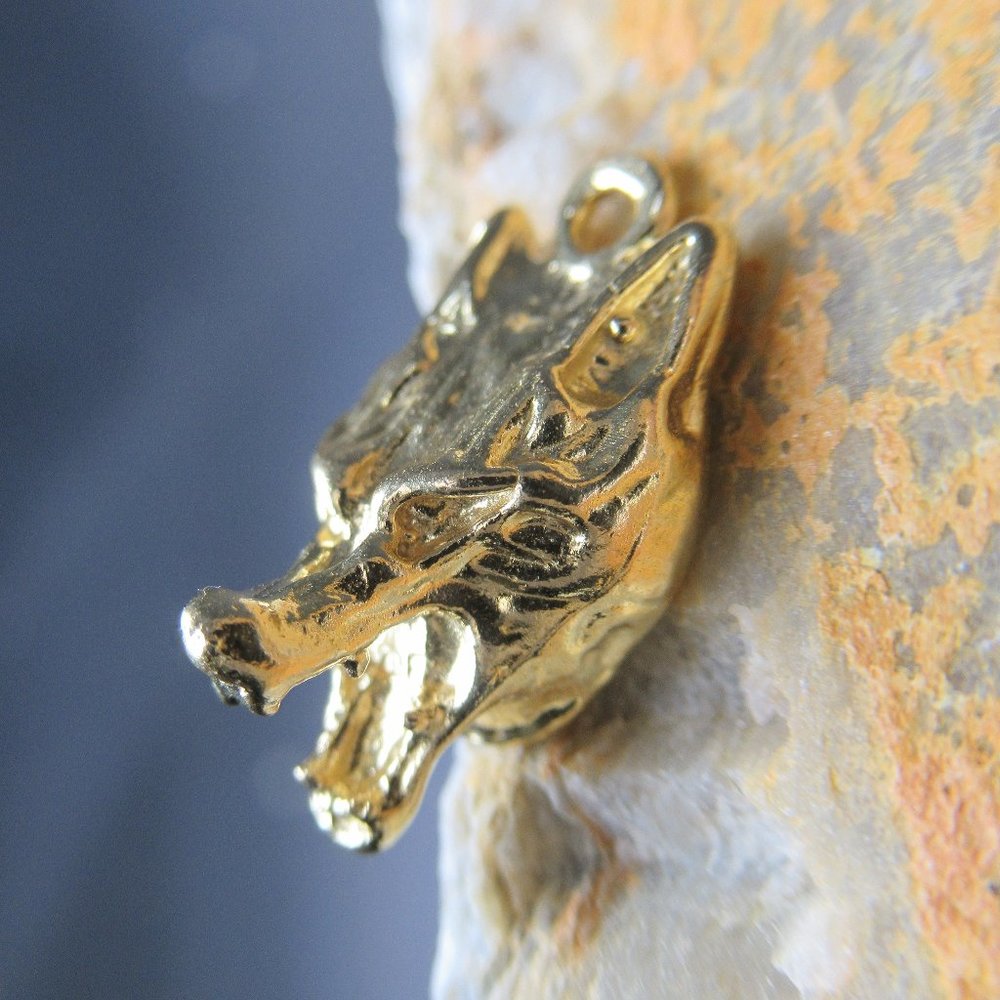 Golden Wolf Charm  Artisan Cast Canine Raw Brass